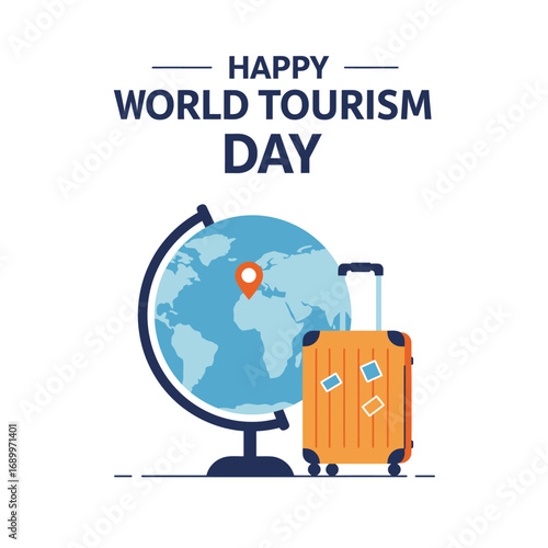 Illustration celebrating World Tourism Day with a globe and suitcase.