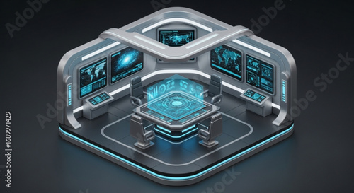 Futuristic command center control room with holographic display and monitors for strategy planning room design