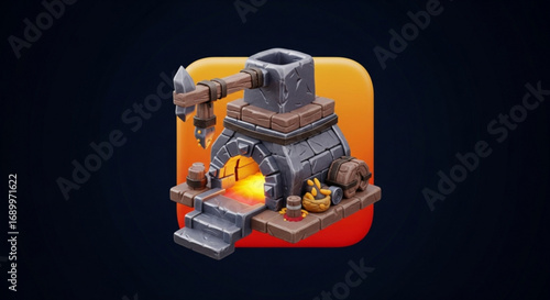Medieval fantasy blacksmith forge icon asset for game design and ui element stone and wood building