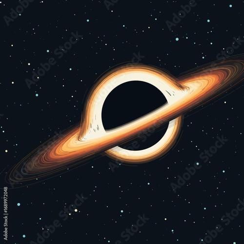 A stylized depiction of a black hole surrounded by colorful rings in space.
