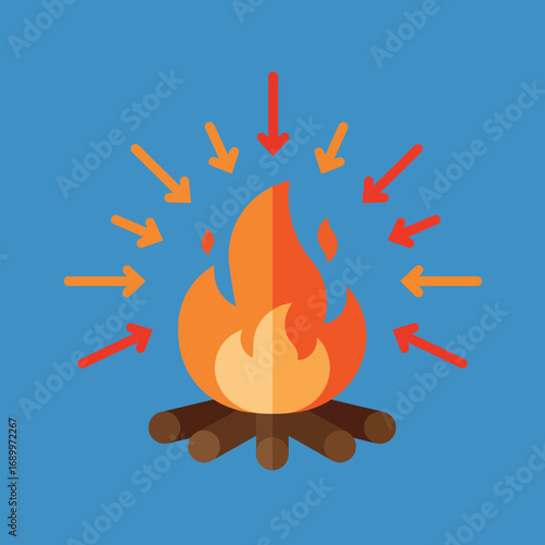 A stylized campfire illustration with arrows indicating warmth or energy.