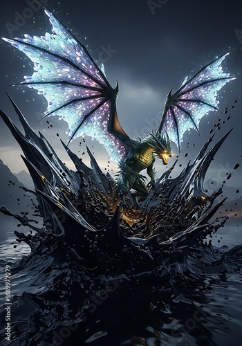 Dragon emerging from inky depths with iridescent wings outstretched dramatically