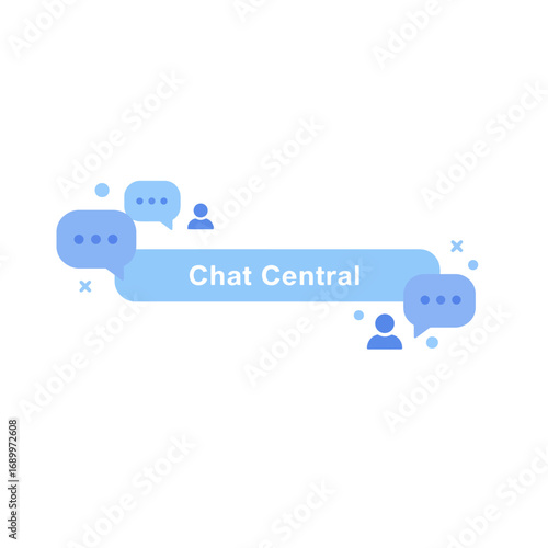 A graphic design featuring "Chat Central" with speech bubbles and user icons.