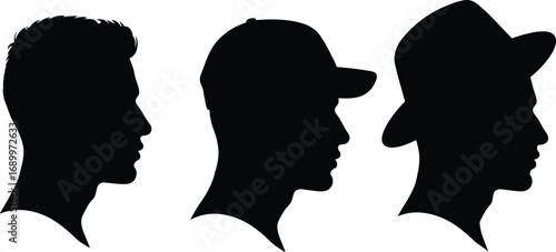 Full black man head silhouette set, male profile faces with hairstyle, cap and hat, vector illustration design for fashion, identity, avatar, logo symbol