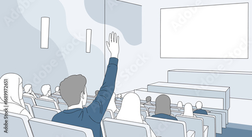 Questioning in Assembly: A thoughtful individual, arm raised with purpose, in a sea of others, within an inspiring interior that hints at focus and inquiry.