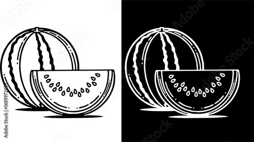 Minimalist vector line art of a whole watermelon and a sliced wedge with seeds, in black and white, isolated on a white and black background