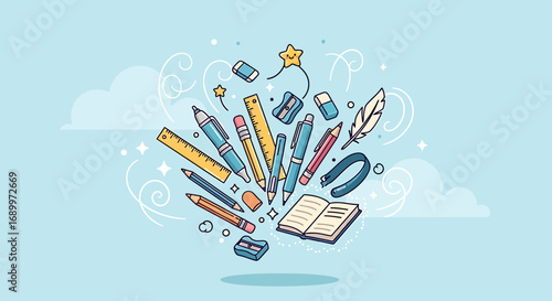 Whimsical Stationery Explosion: A vibrant assortment of pencils, pens, rulers, erasers, sharpeners, a feather, a notebook, and other stationery items dance against a soft, cloudy backdrop.
