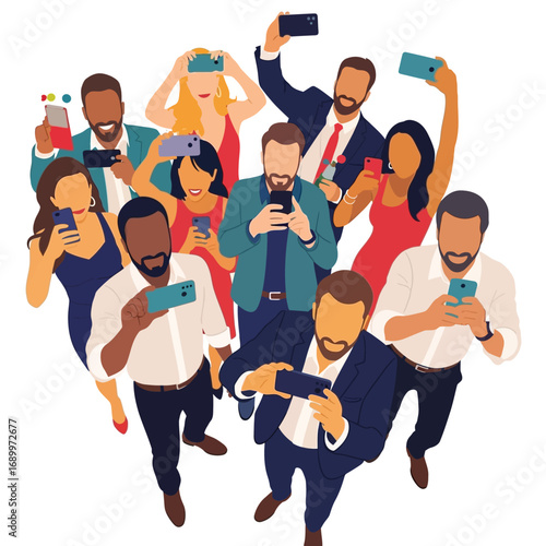 A group of diverse people looking at and taking photos with their smartphones, seen from a high angle.