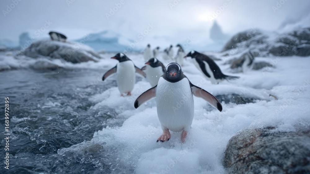 Fototapeta premium Gentoo Penguin on Antarctic Rocks Facing the Camera