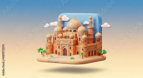 Ramadan kareem islamic mosque 3d render illustration with clouds and palm trees for greeting background