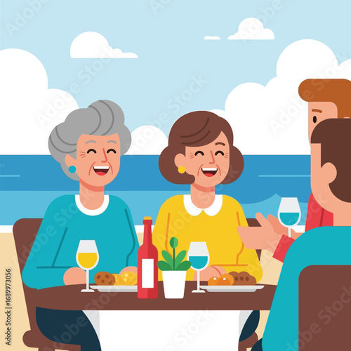 Happy family enjoying a meal at a beachside table.