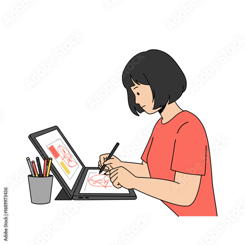 A person drawing on a digital tablet with sketches displayed on the screen.
