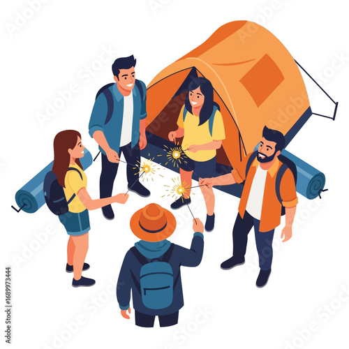 Four friends enjoying a campfire and camping trip, circle around a tent.