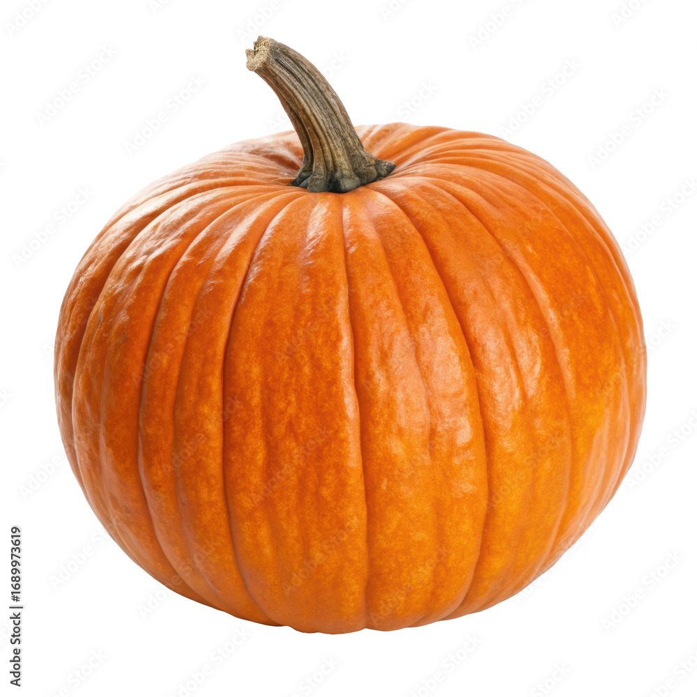 Fototapeta premium Round bright orange pumpkin with deep vertical ribs, autumn harvest vegetable isolated on white background. PNG