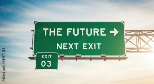 Green highway sign displaying the future next exit indicating direction to upcoming opportunity and growth
