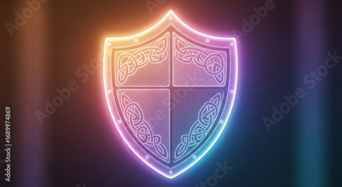 Glowing neon shield with celtic knot pattern, a symbol of protection, security, defense, and strength perfect for fantasy and medieval themes