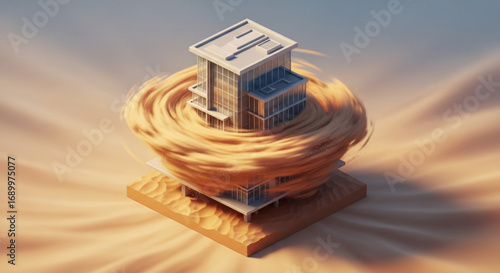 Isometric building design surrounded by sandstorm architecture visualization concept art render