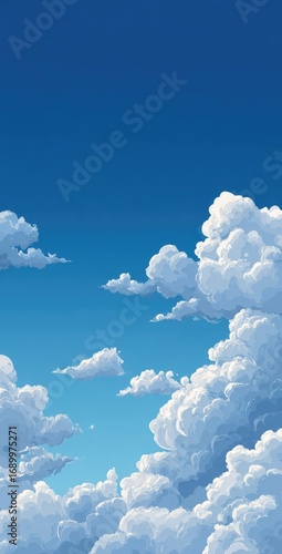Upward view of fluffy, cartoon-style cumulus clouds against a vibrant blue sky, creating a peaceful and serene atmospheric illustration