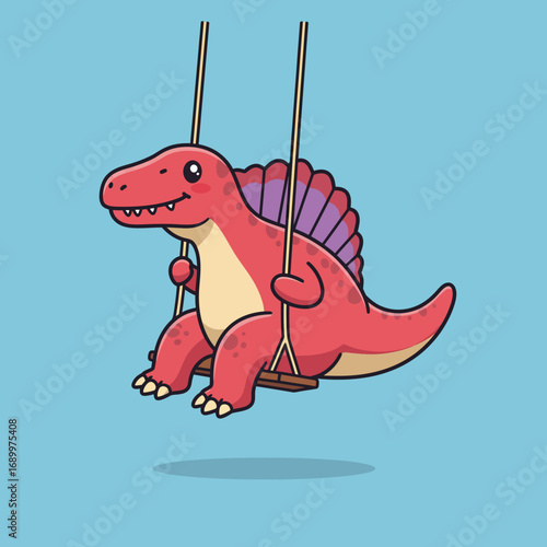 A cute pink dinosaur swings happily on a swing against a blue background.