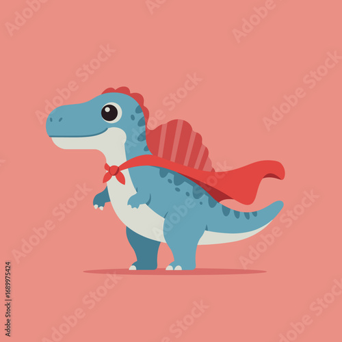 A cute blue dinosaur wearing a red cape, designed in a playful cartoon style.