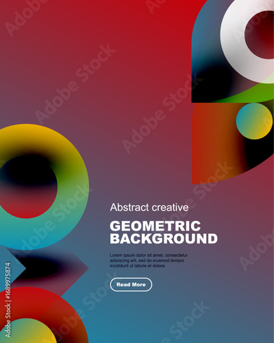 Abstract geometric design features vibrant circles, triangles. Dark background contrasts bright colors, text below invites interaction.