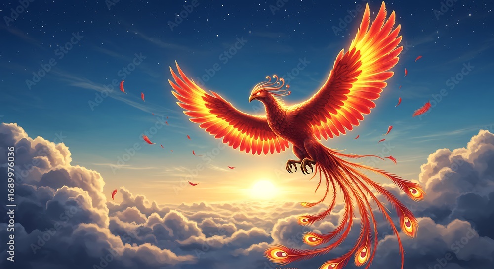 Obraz premium Fiery phoenix bird soaring above clouds at sunrise, with vibrant colors and detailed feathers.