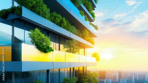 Camera panning upward along modern building with glass and greenery at sunset
