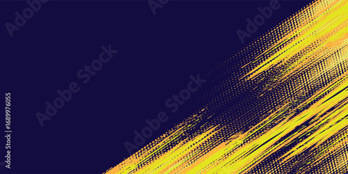 Yellow orange combination halftone on dark blue background. Vector dotted sparkles. Burn pattern. Simple header.