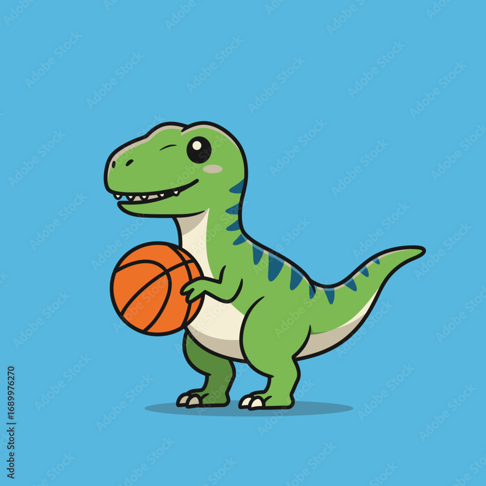 Naklejka premium A cute cartoon dinosaur holding a basketball against a blue background.