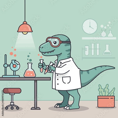 A cartoon dinosaur in a lab coat conducting experiments in a laboratory setting.