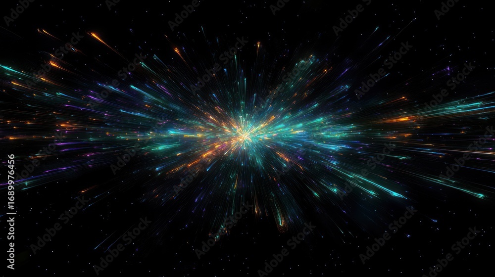 Fototapeta premium Colorful light bursts radiating outward from a central point in a dynamic starburst effect against a dark background creating a vibrant cosmic energy feeling