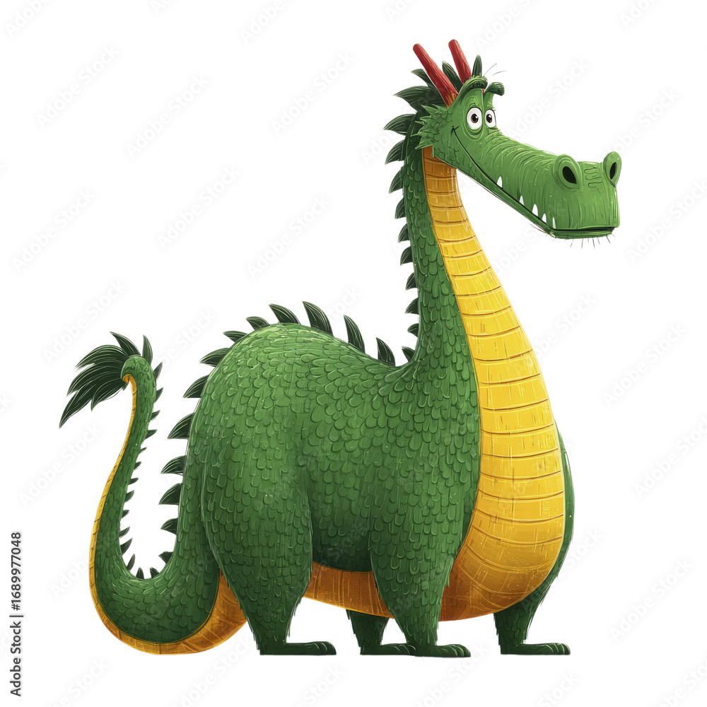 Fototapeta premium A whimsical green dragon with yellow scales and red horns stands with a curious expression