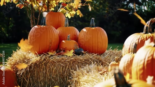 Vibrant autumn scene featuring pumpkins arranged on hay bales with falling leaves in a sunny field