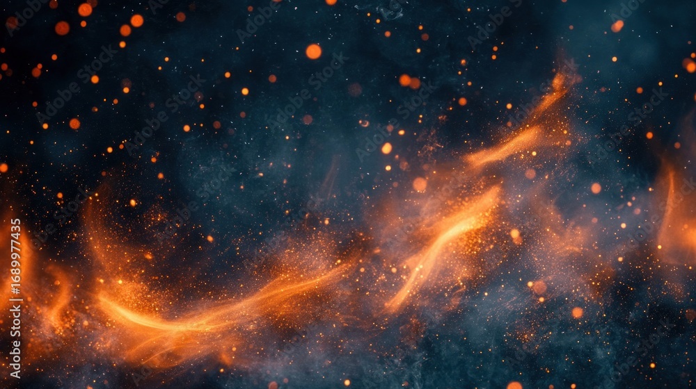 Fototapeta premium Glowing orange embers and sparks floating through dark smoky air creating a dynamic, fiery atmosphere