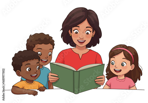 Teacher reading a book to children illustration
