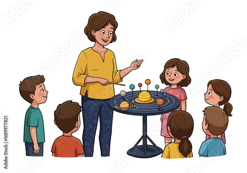 Teacher Explaining Solar System Model to Students in Classroom Setting