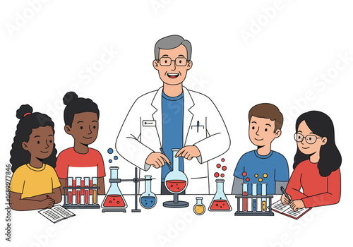 Science Class: Students and Teacher Conducting Experiments with Beakers and Test Tubes