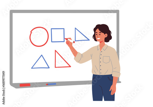 Teacher Drawing Geometric Shapes on Whiteboard with Marker
