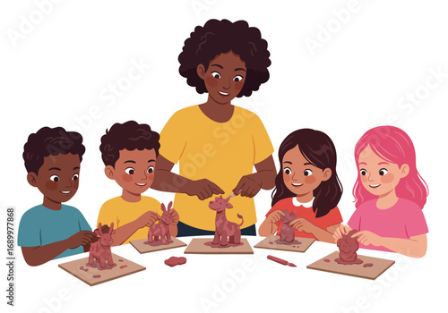 Children and Teacher Sculpting Clay Animals in Art Class