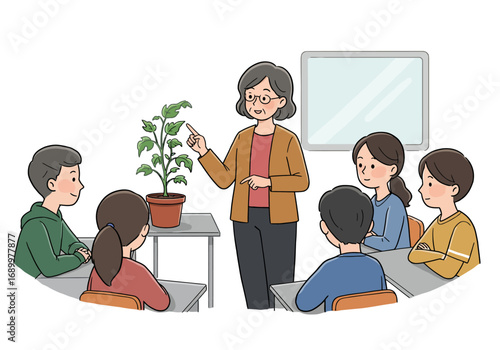 Teacher Explaining Plant Growth to Students in Classroom Setting Illustration