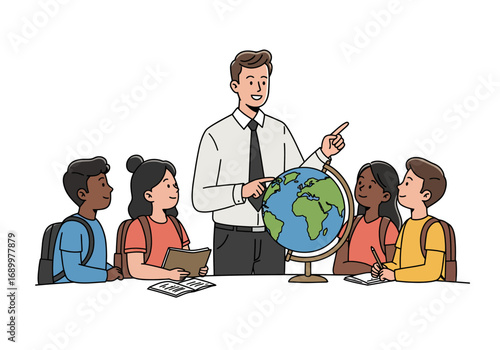 Teacher Explaining Geography to Students with Globe Illustration