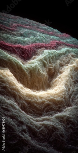 Abstract landscape of soft, textured waves in earthy tones, accented by a red stripe, contrasts against a dark background creating depth and visual interest