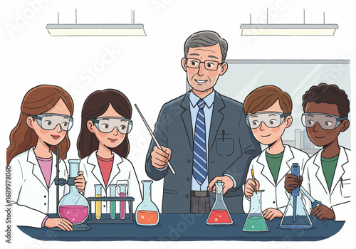 Science Class with Teacher and Students Conducting Experiments in Lab