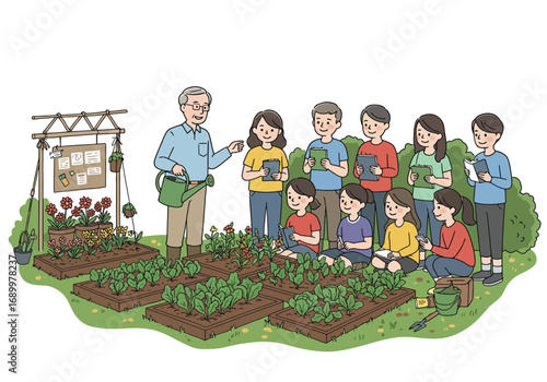 Gardening Class with Teacher and Students in Raised Beds Illustration