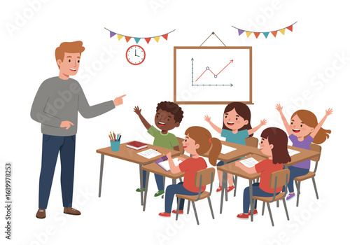 Cheerful Teacher and Students in a Classroom Setting with Graph on Whiteboard