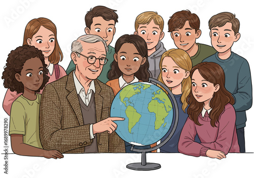 Teacher with Students Examining a Globe, Illustration