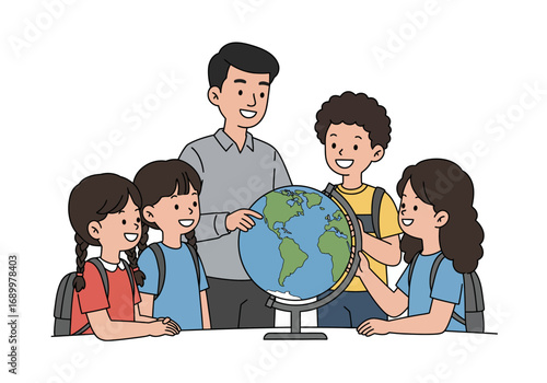 Teacher and Students Exploring the World Globe in Classroom