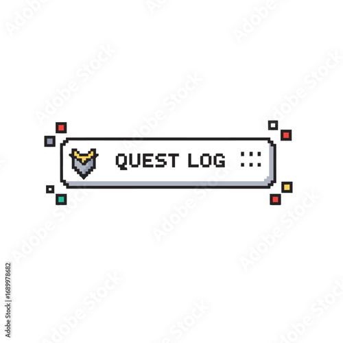 A pixel art style quest log interface with decorative elements and a checkmark icon.