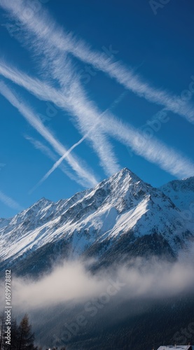 Snowy mountain peak partially obscured by clouds with blue sky intersected by contrails overhead