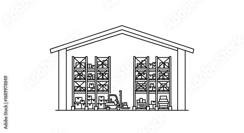 Simple Line Drawing of a Warehouse Interior with Forklifts and Pallet Racks.